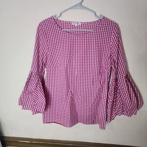 Jane and Delancey Pink Gingham Bell-Sleeve Blouse